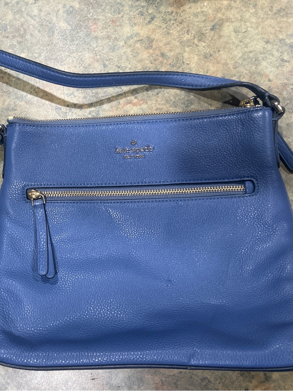 kate spade Blue Pebbled Leather Shoulder Bag with Gold-Tone Zip